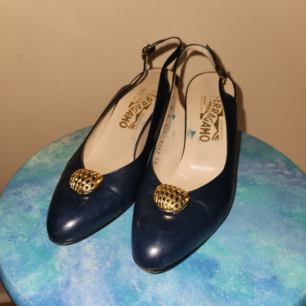 Vintage Salvatore Ferragamo Navy Slingback Heels with Gold Detailing
